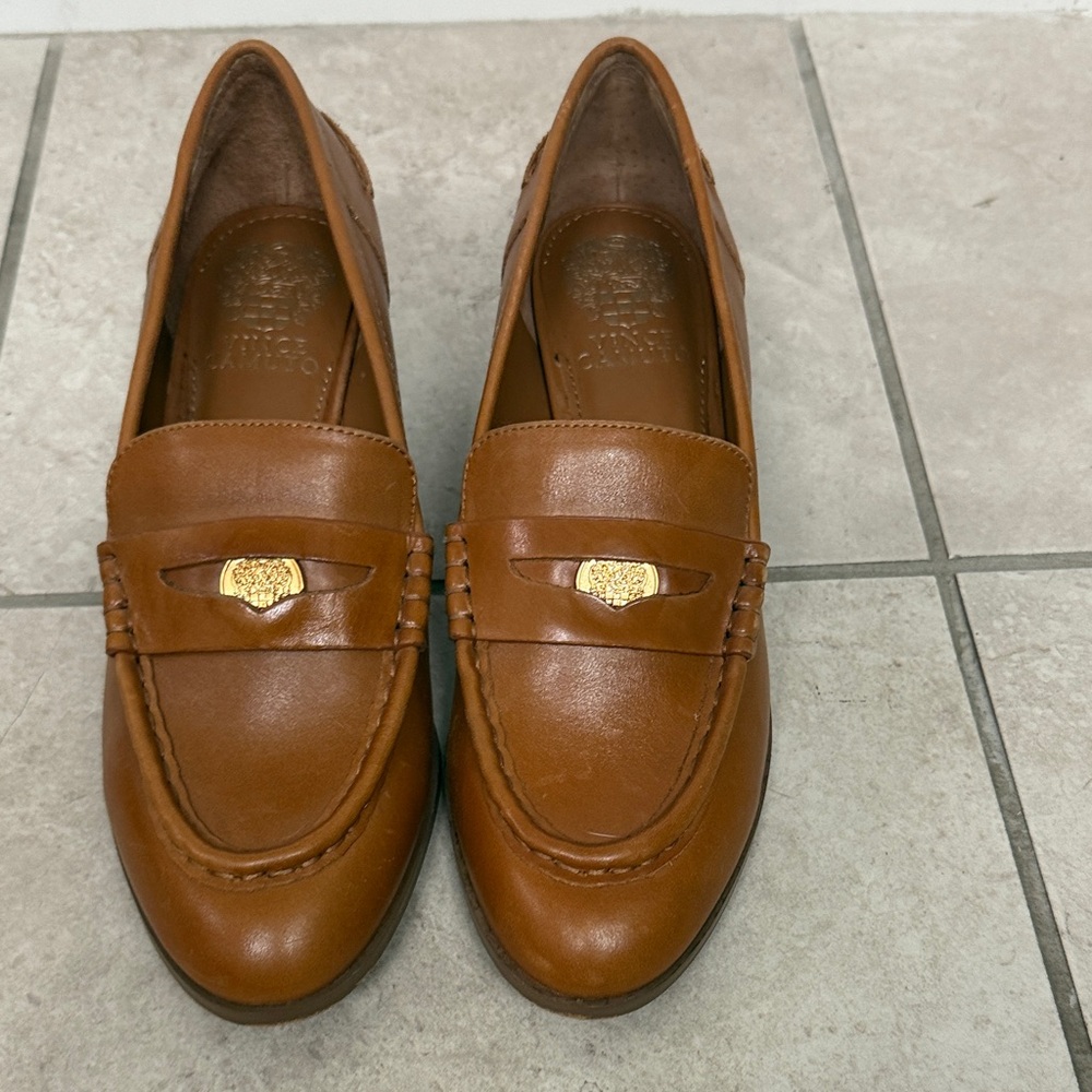 Vince Camuto Tan Leather Penny Loafers with Gold Accent